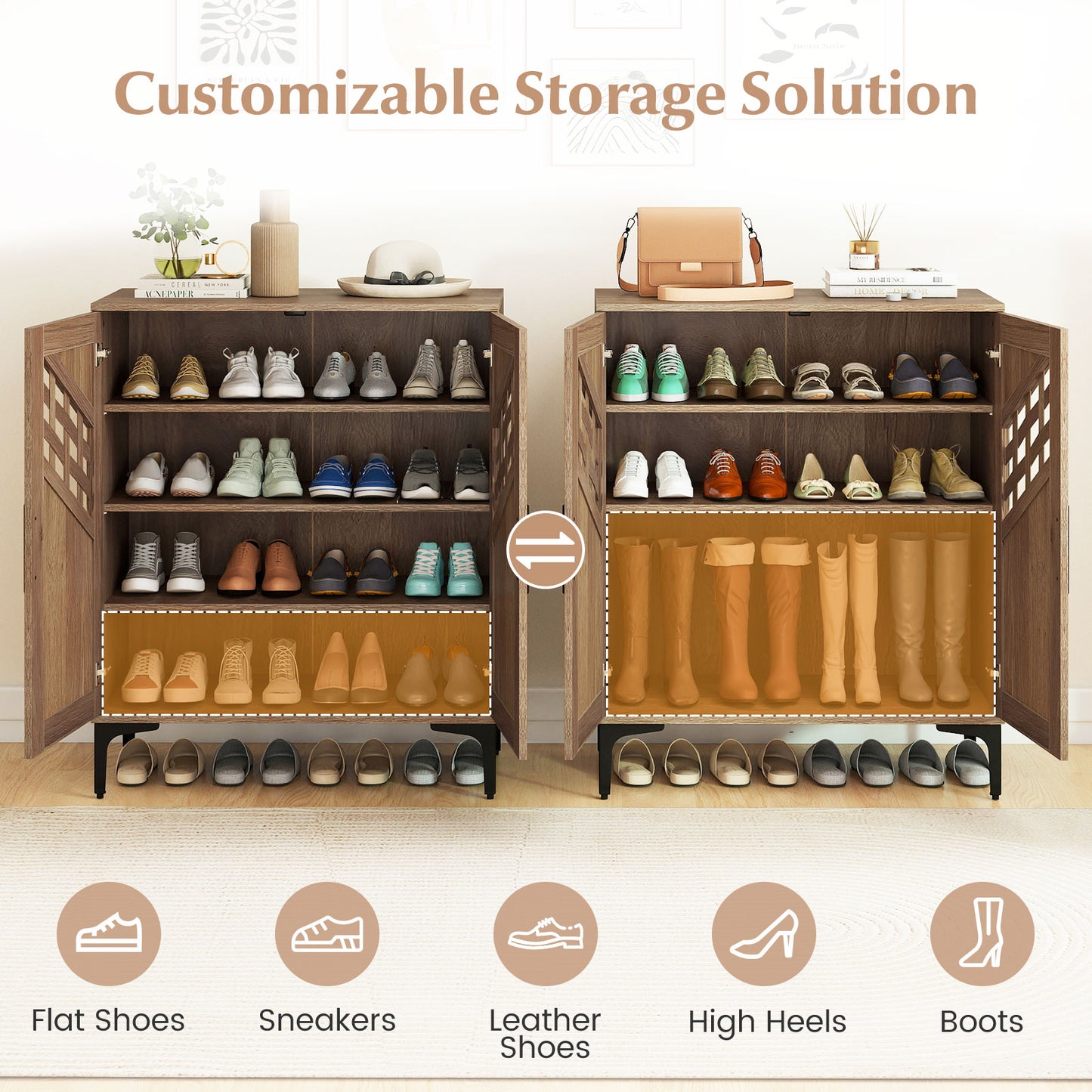 4 Tier Farmhouse Shoe Storage Cabinet with Removable Shelves and Metal Legs, Walnut Shoe Racks & Storage Benches at Gallery Canada