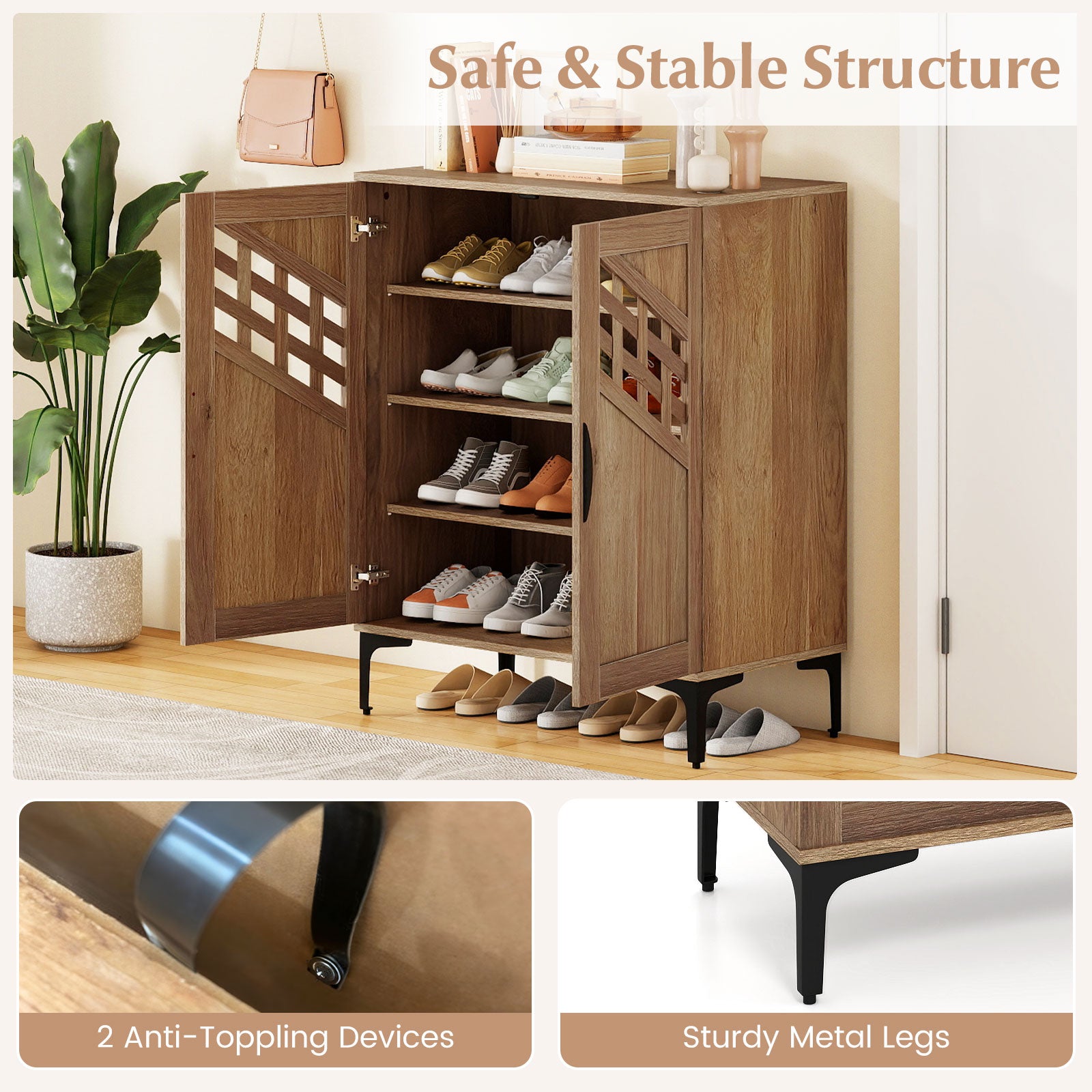 4 Tier Farmhouse Shoe Storage Cabinet with Removable Shelves and Metal Legs, Walnut Shoe Racks & Storage Benches at Gallery Canada