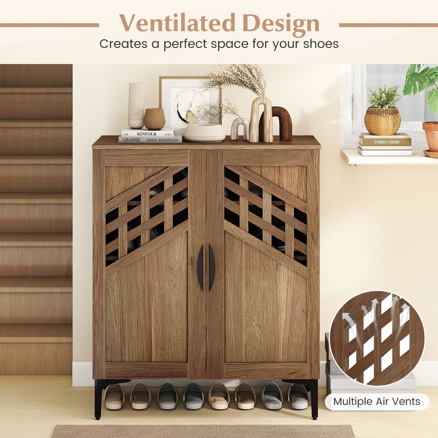 4 Tier Farmhouse Shoe Storage Cabinet with Removable Shelves and Metal Legs, Walnut Shoe Racks & Storage Benches at Gallery Canada