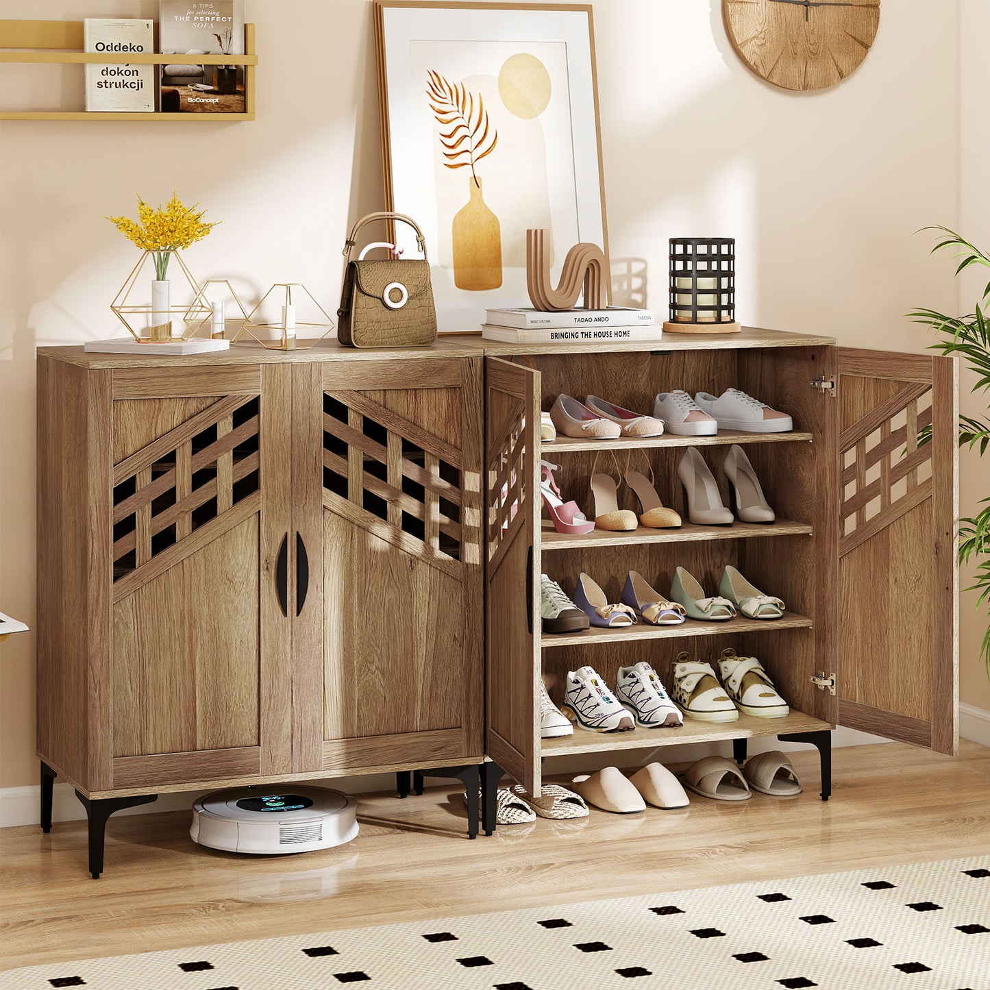 4 Tier Farmhouse Shoe Storage Cabinet with Removable Shelves and Metal Legs, Walnut Shoe Racks & Storage Benches at Gallery Canada