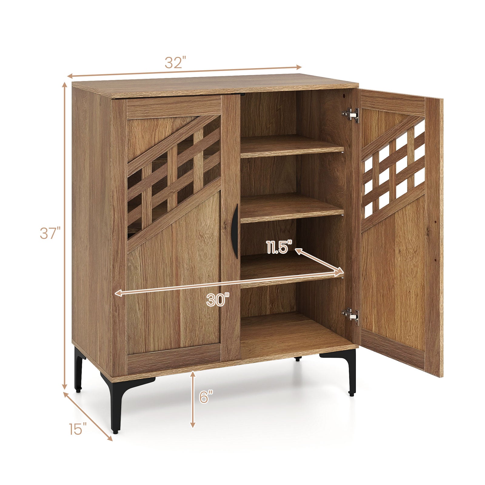 4 Tier Farmhouse Shoe Storage Cabinet with Removable Shelves and Metal Legs, Walnut Shoe Racks & Storage Benches at Gallery Canada