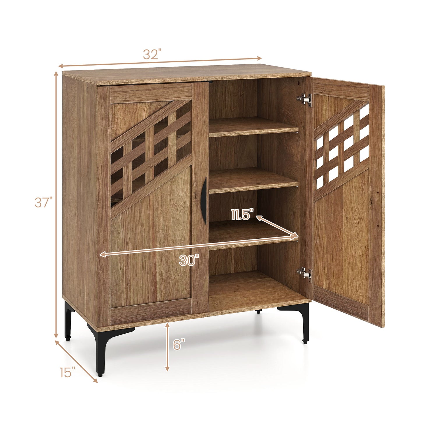 4 Tier Farmhouse Shoe Storage Cabinet with Removable Shelves and Metal Legs, Walnut Shoe Racks & Storage Benches at Gallery Canada