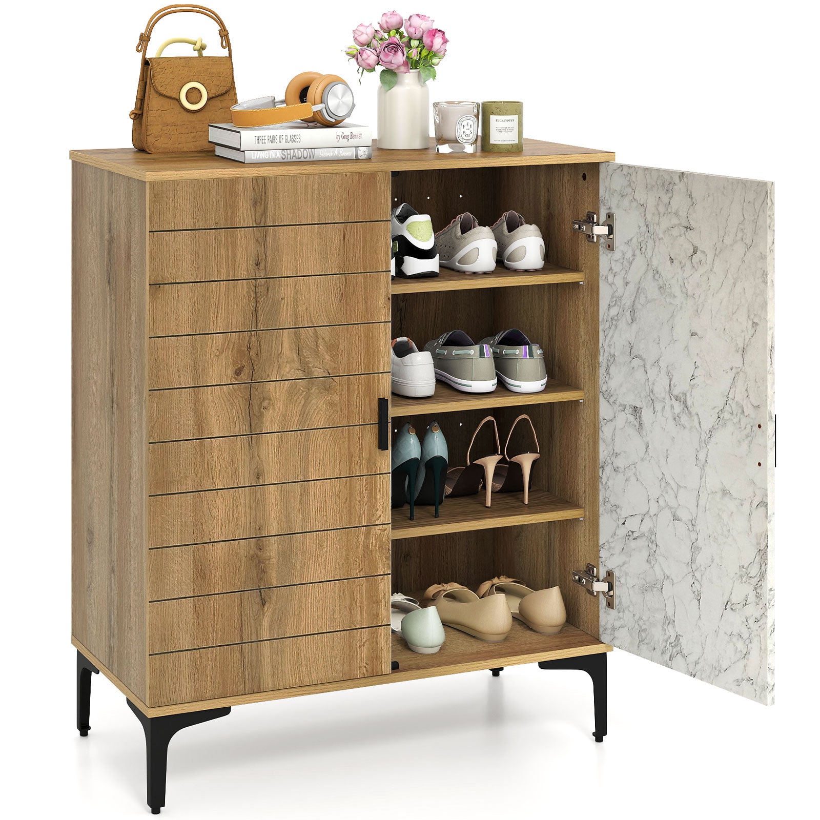 4 Tier Farmhouse Shoe Storage Cabinet with Removable Shelves and Metal Legs, Oak Shoe Racks & Storage Benches at Gallery Canada