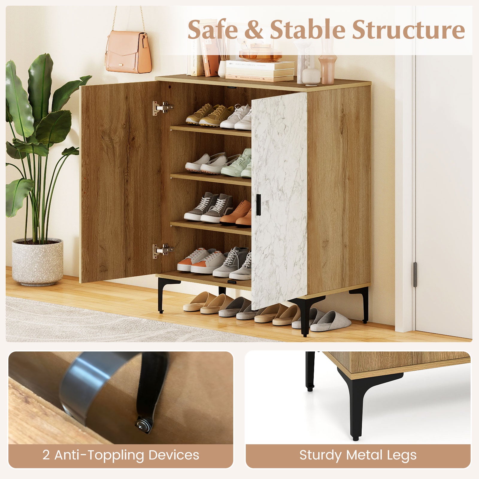 4 Tier Farmhouse Shoe Storage Cabinet with Removable Shelves and Metal Legs, Oak Shoe Racks & Storage Benches at Gallery Canada