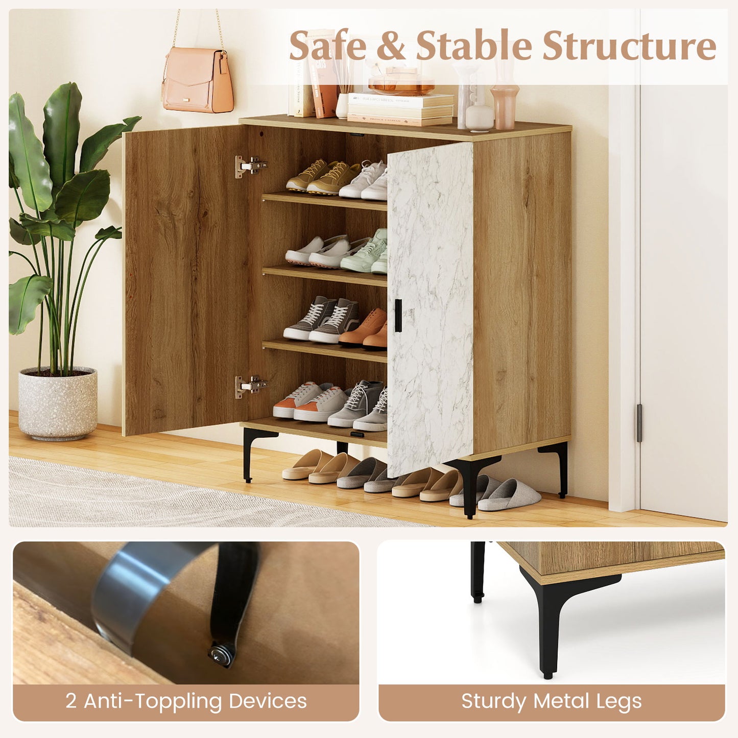 4 Tier Farmhouse Shoe Storage Cabinet with Removable Shelves and Metal Legs, Oak Shoe Racks & Storage Benches at Gallery Canada
