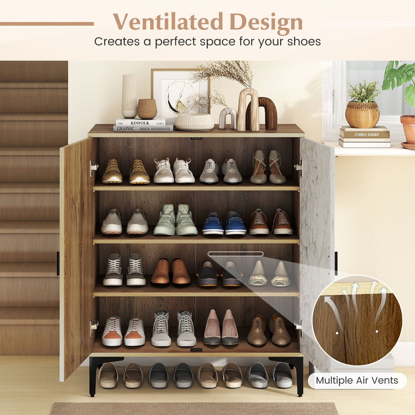 4 Tier Farmhouse Shoe Storage Cabinet with Removable Shelves and Metal Legs, Oak Shoe Racks & Storage Benches at Gallery Canada
