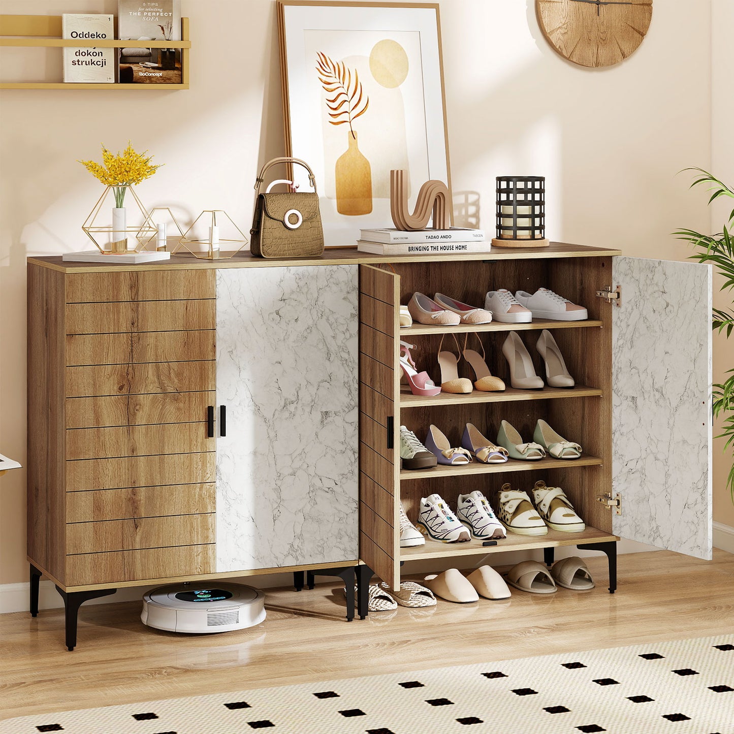 4 Tier Farmhouse Shoe Storage Cabinet with Removable Shelves and Metal Legs, Oak Shoe Racks & Storage Benches at Gallery Canada