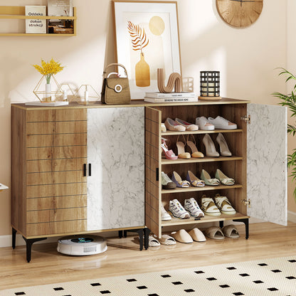 4 Tier Farmhouse Shoe Storage Cabinet with Removable Shelves and Metal Legs, Oak Shoe Racks & Storage Benches at Gallery Canada
