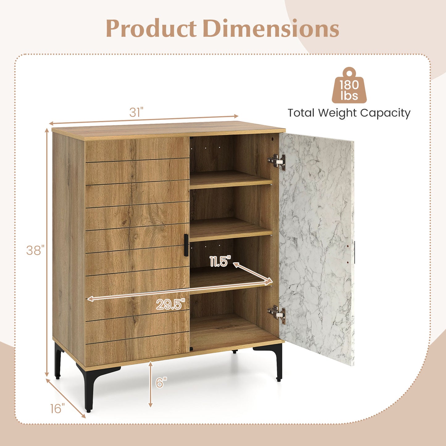 4 Tier Farmhouse Shoe Storage Cabinet with Removable Shelves and Metal Legs, Oak Shoe Racks & Storage Benches at Gallery Canada