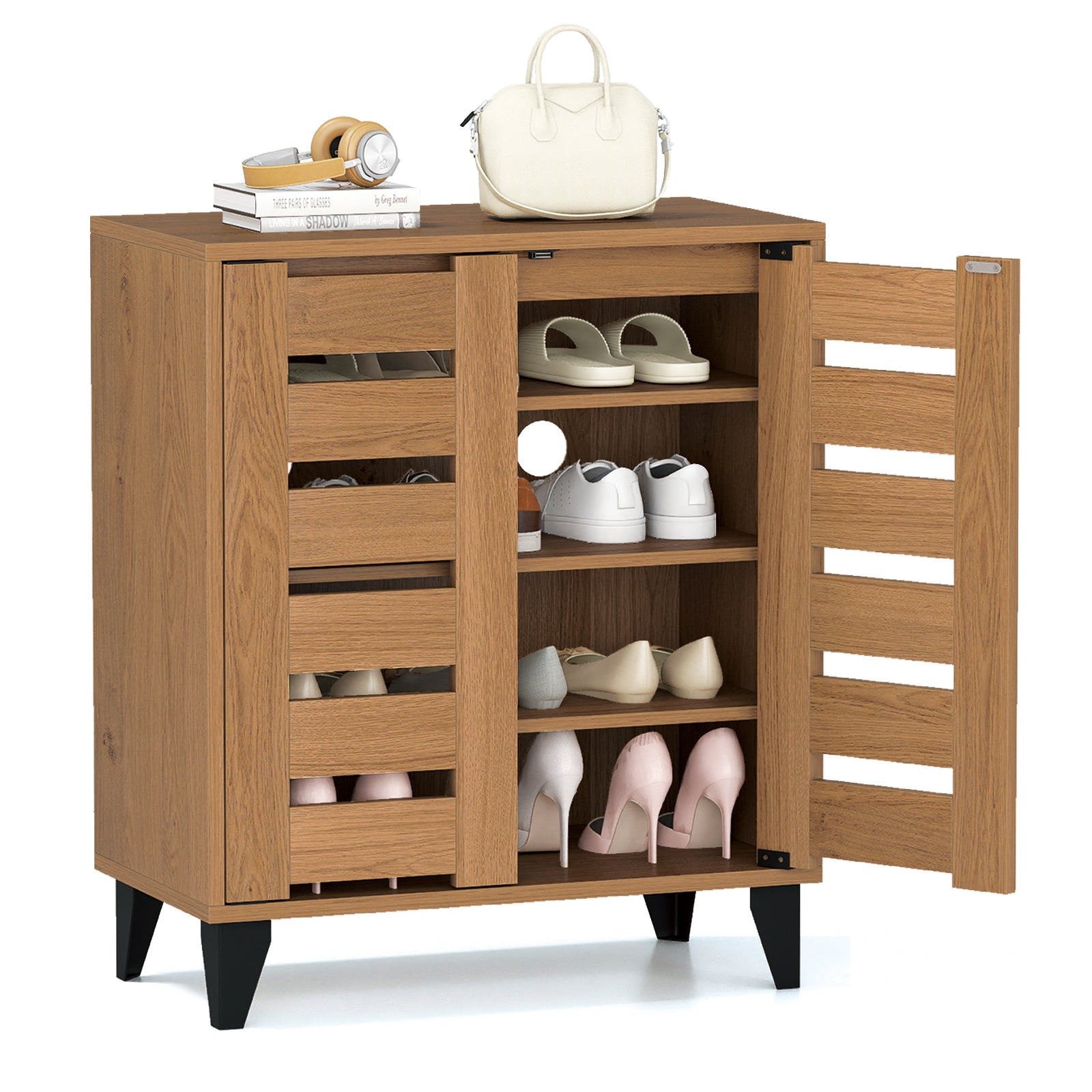 4-Tier Farmhouse Shoe Organizer with Louvered Door, Natural Shoe Racks & Storage Benches Natural at Gallery Canada