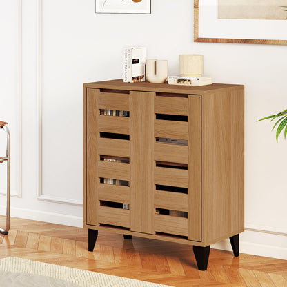 4-Tier Farmhouse Shoe Organizer with Louvered Door, Natural