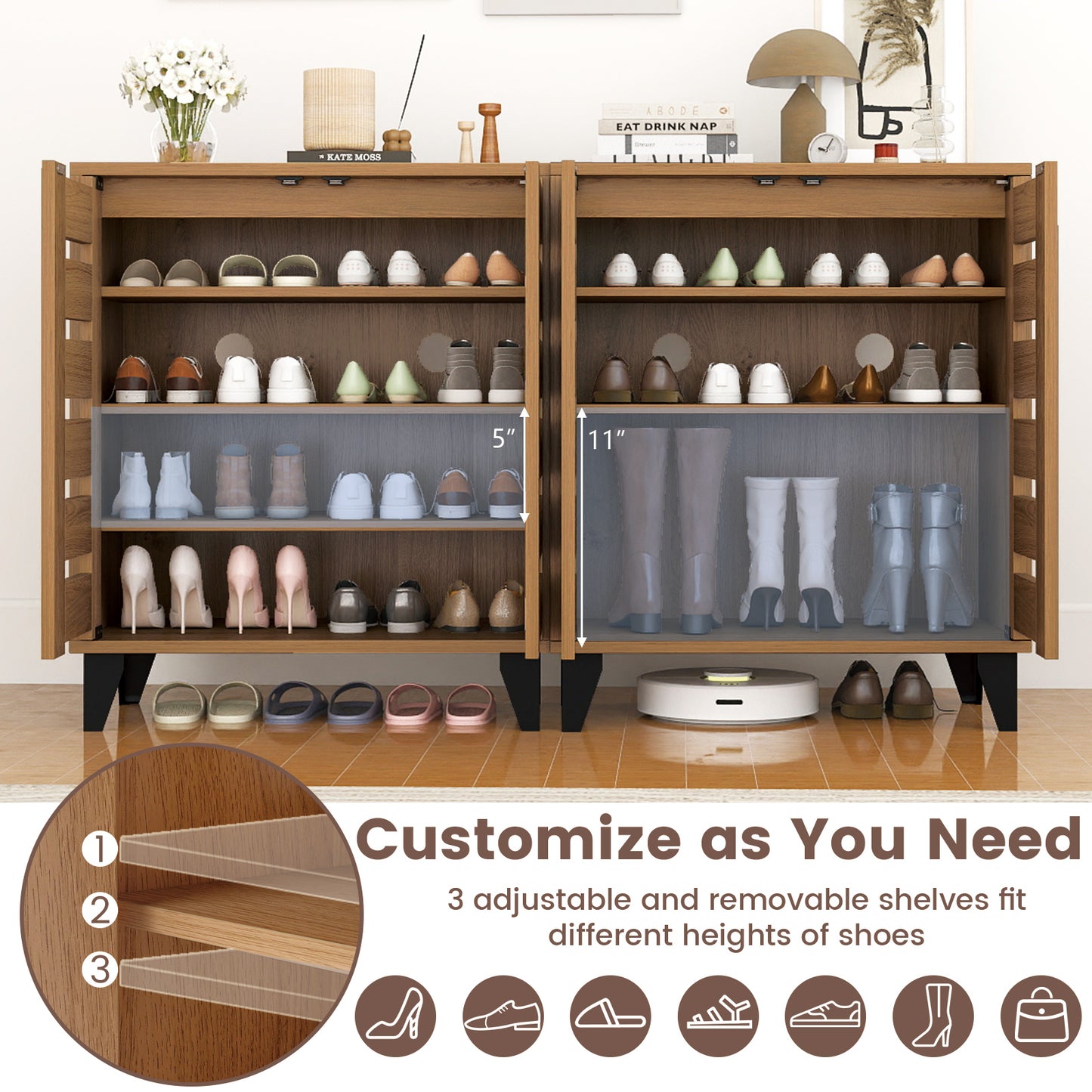 4-Tier Farmhouse Shoe Organizer with Louvered Door, Natural