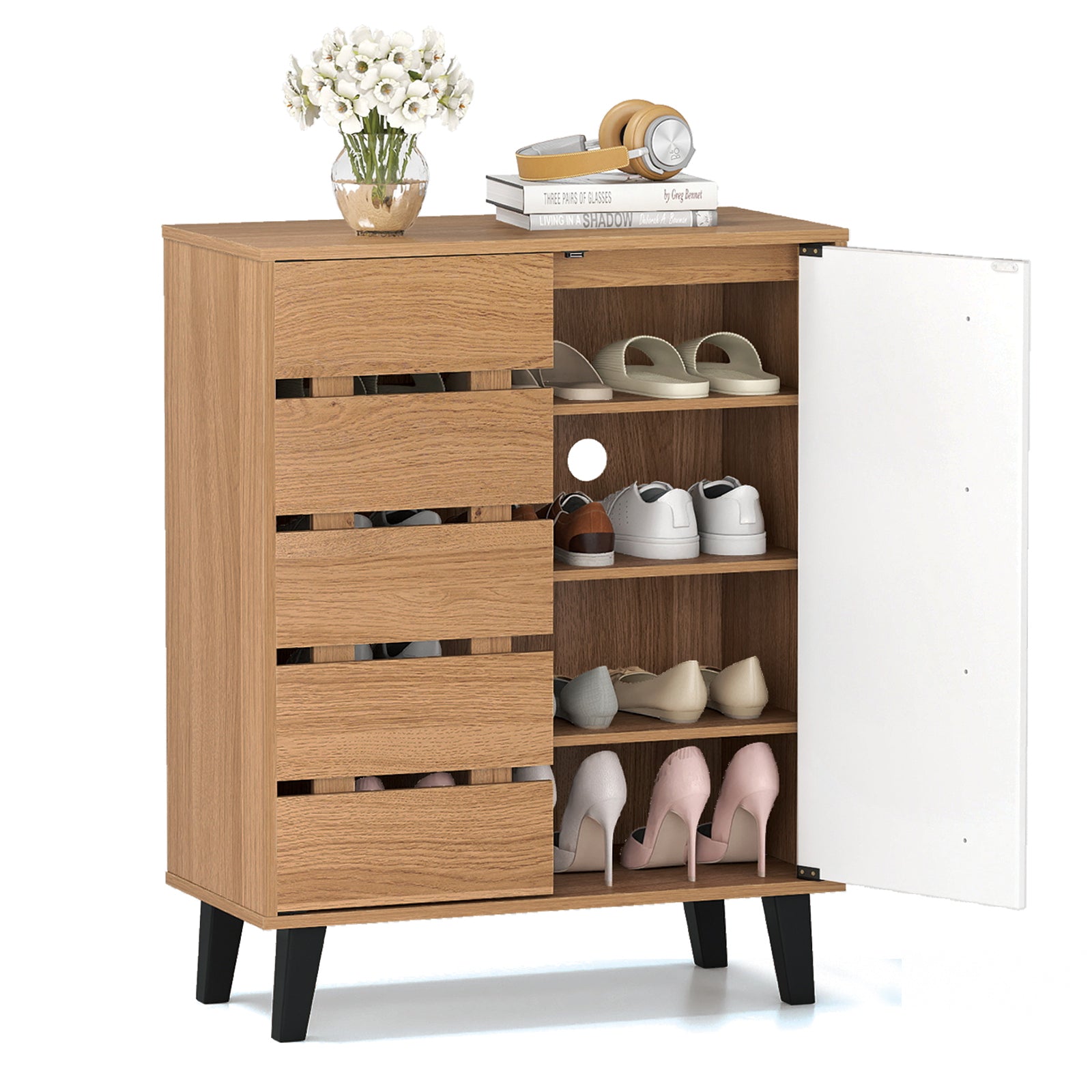 4-Tier Farmhouse Shoe Organizer with Louvered Door-Natural and White, Natural & White Shoe Racks & Storage Benches Natural & White at Gallery Canada