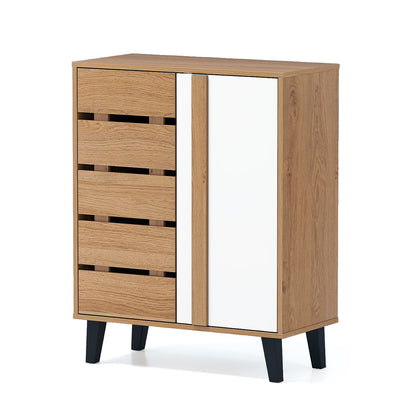 4-Tier Farmhouse Shoe Organizer with Louvered Door-Natural and White, Natural & White