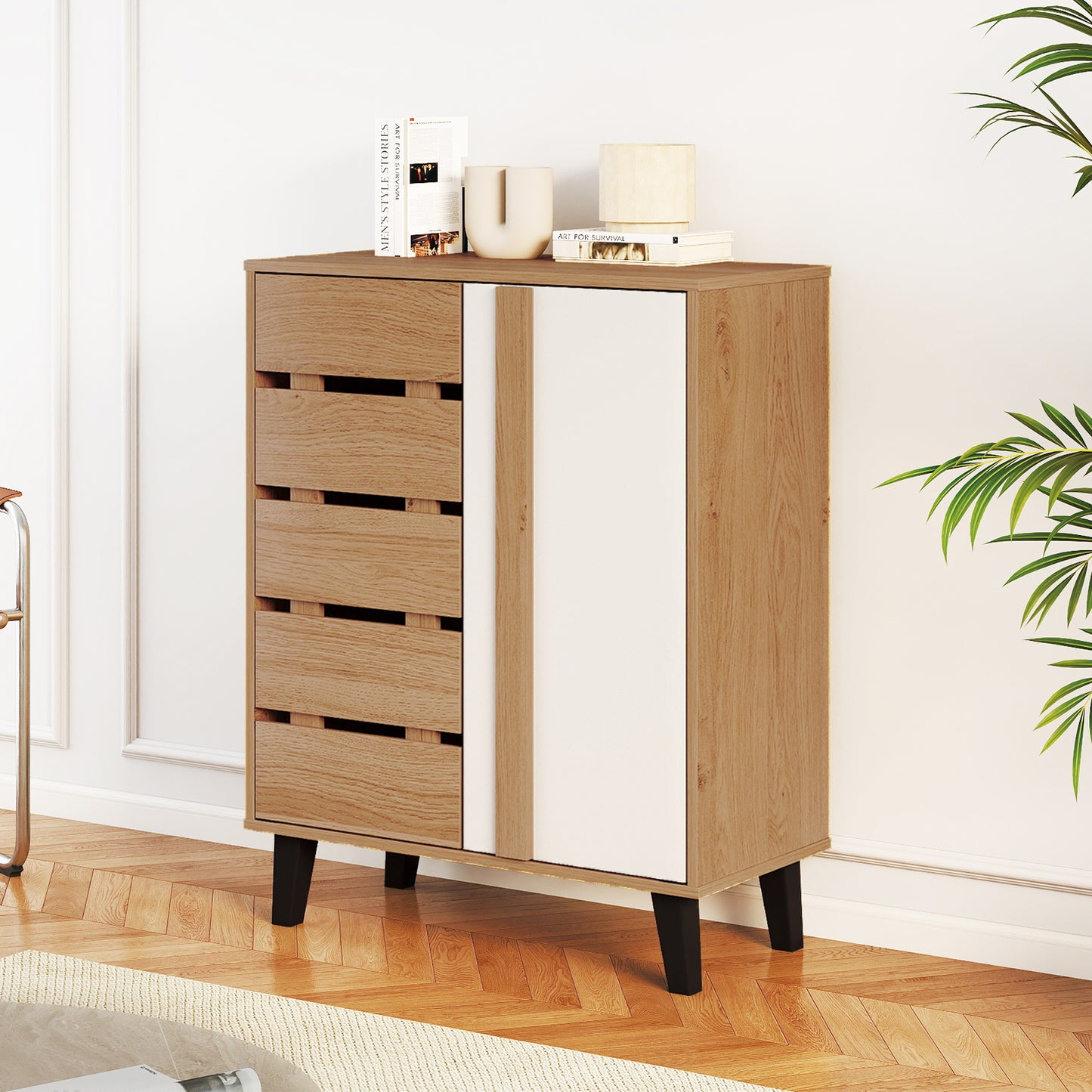 4-Tier Farmhouse Shoe Organizer with Louvered Door-Natural and White, Natural & White