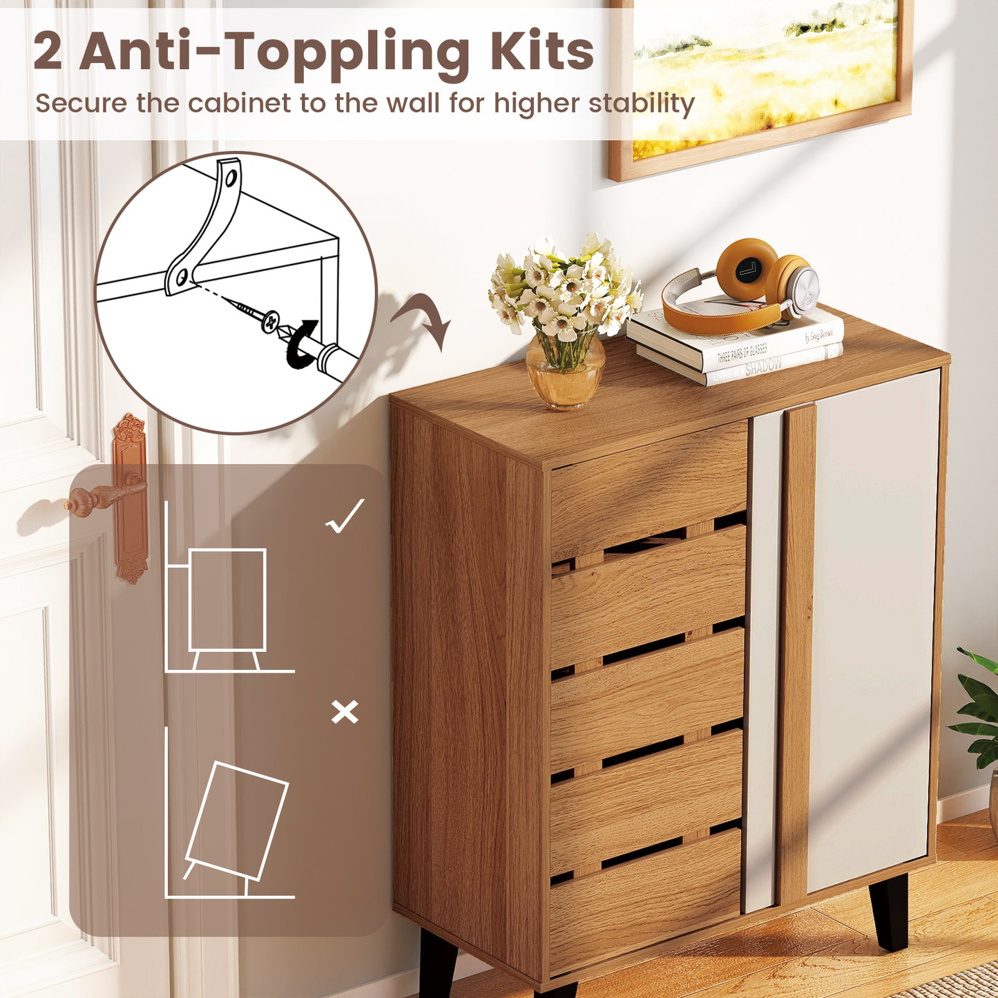 4-Tier Farmhouse Shoe Organizer with Louvered Door-Natural and White, Natural & White