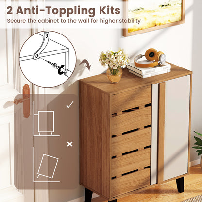 4-Tier Farmhouse Shoe Organizer with Louvered Door-Natural and White, Natural & White