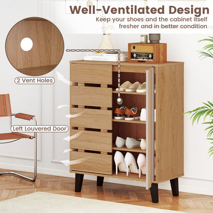 4-Tier Farmhouse Shoe Organizer with Louvered Door-Natural and White, Natural & White