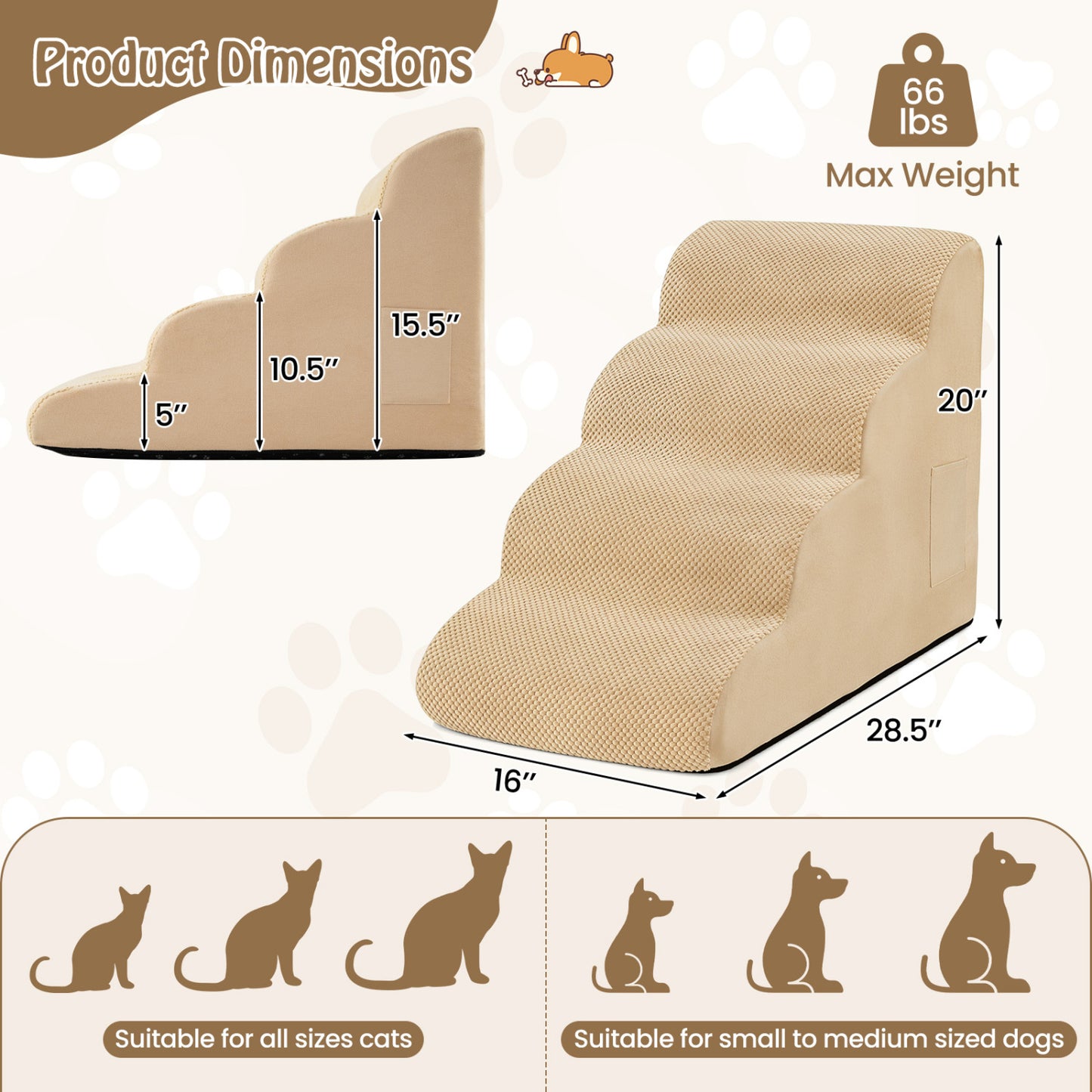 4-Tier Foam Dog Steps With Washable Cover, Beige