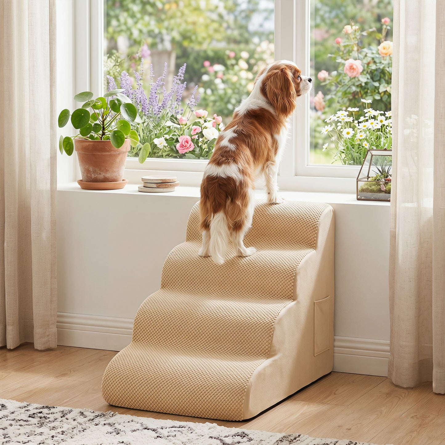 4-Tier Foam Dog Steps With Washable Cover, Beige