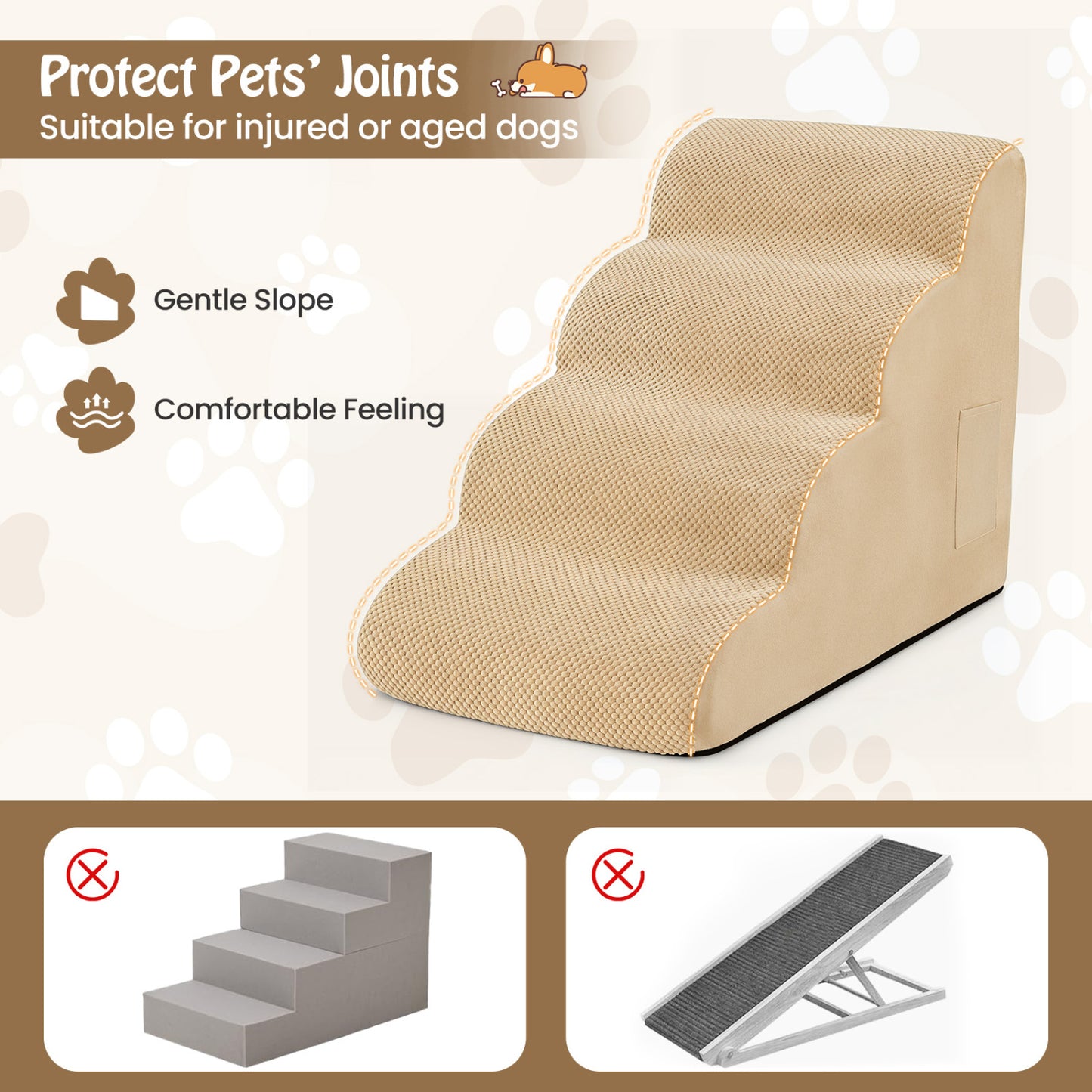 4-Tier Foam Dog Steps With Washable Cover, Beige