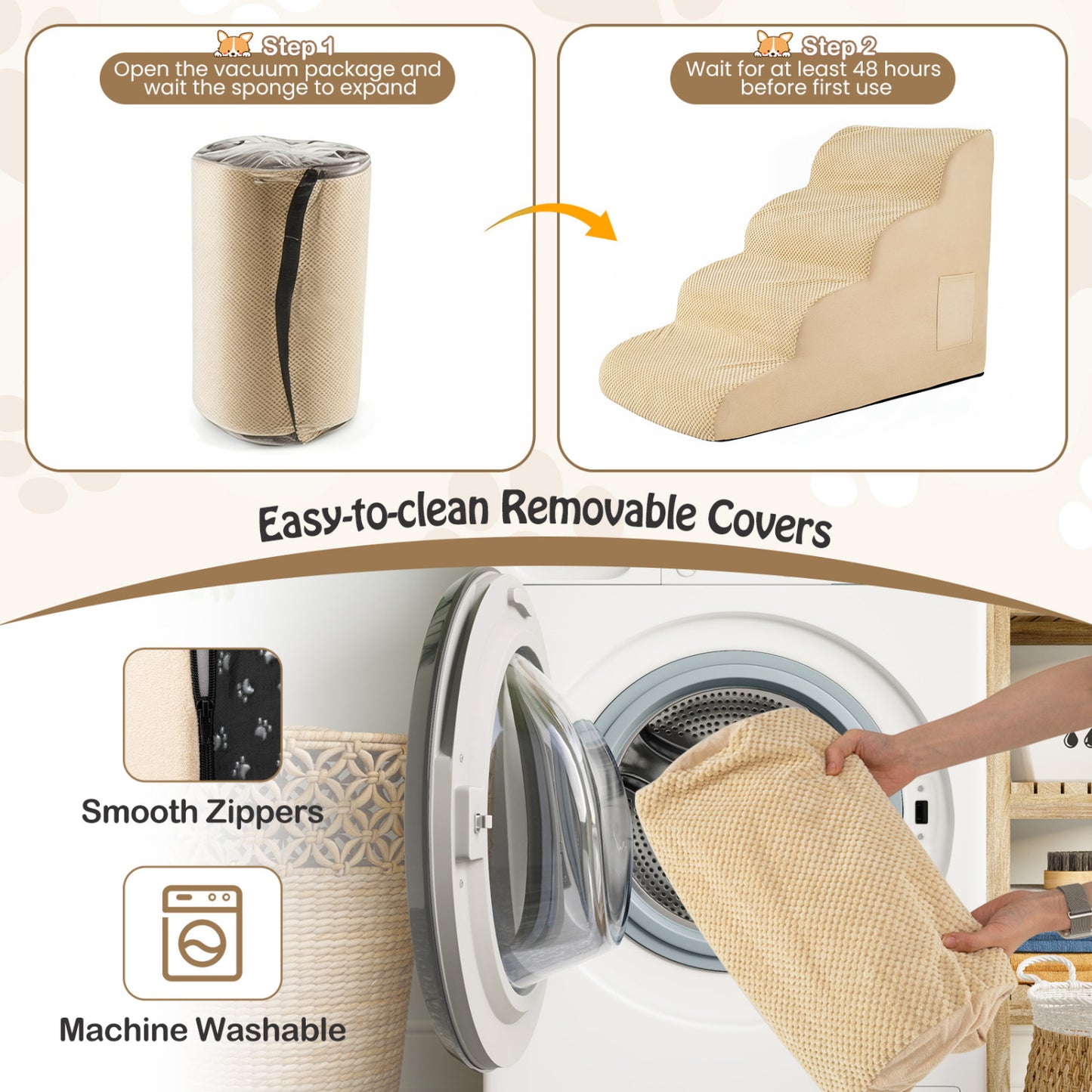 4-Tier Foam Dog Steps With Washable Cover, Beige