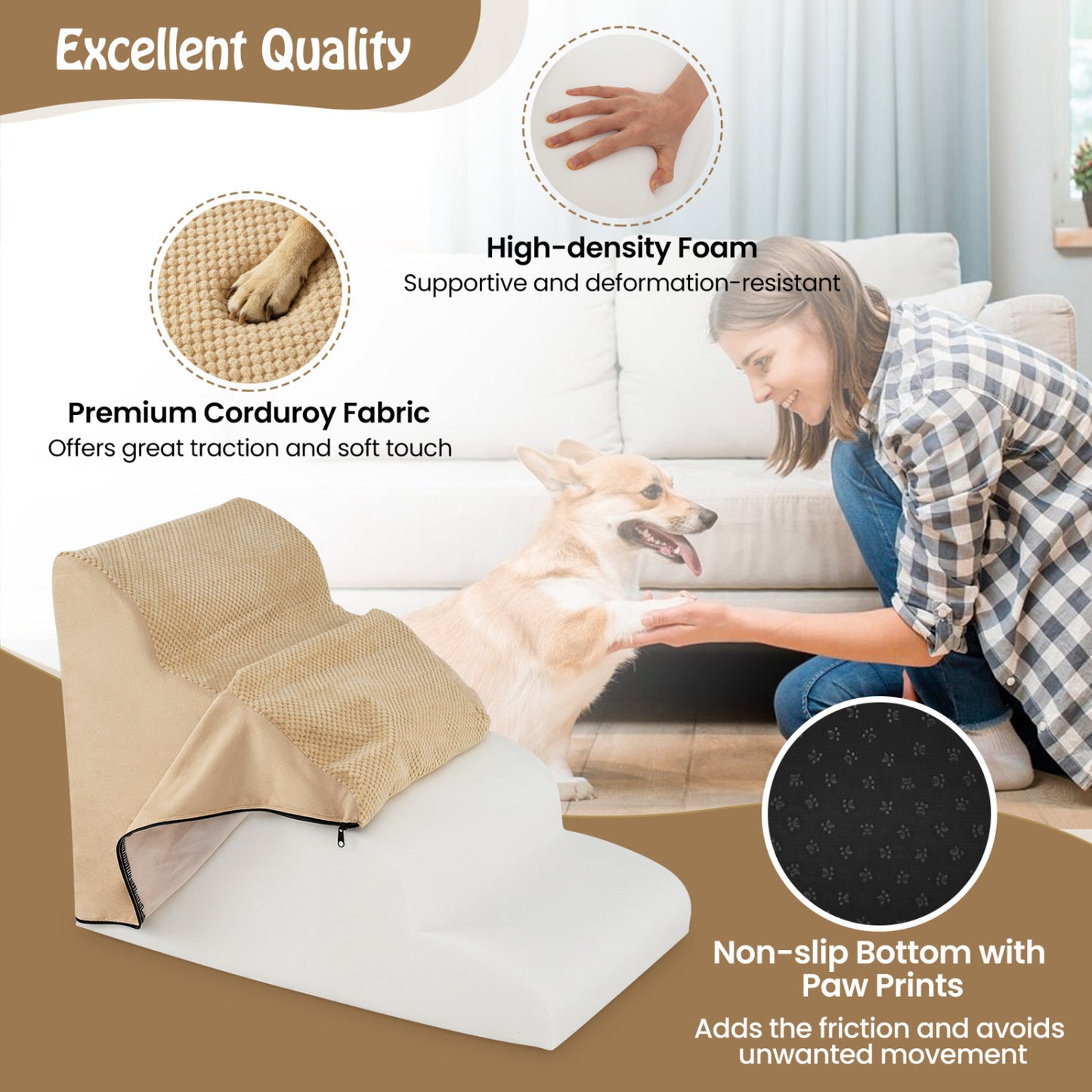 4-Tier Foam Dog Steps With Washable Cover, Beige