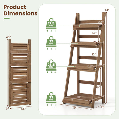 Foldable Plant Stand, 4-Tier Slatted Shelves, Brown