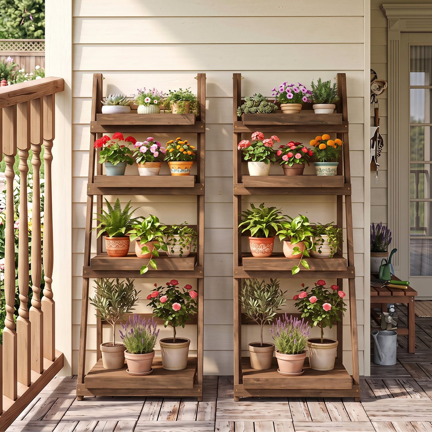 Foldable Plant Stand, 4-Tier Slatted Shelves, Brown