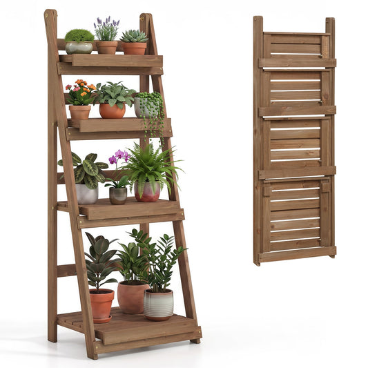 Foldable Plant Stand, 4-Tier Slatted Shelves, Brown Plant Stands Brown at Gallery Canada