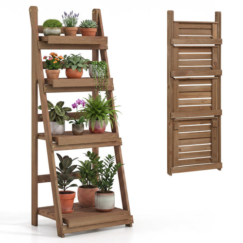 Foldable Plant Stand, 4-Tier Slatted Shelves, Brown