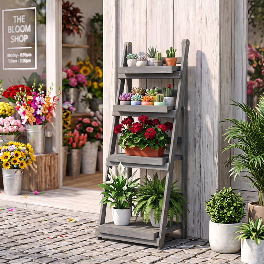 Foldable 4-Tier Plant Stand, Garden Rack, Gray Plant Stands Gray at Gallery Canada