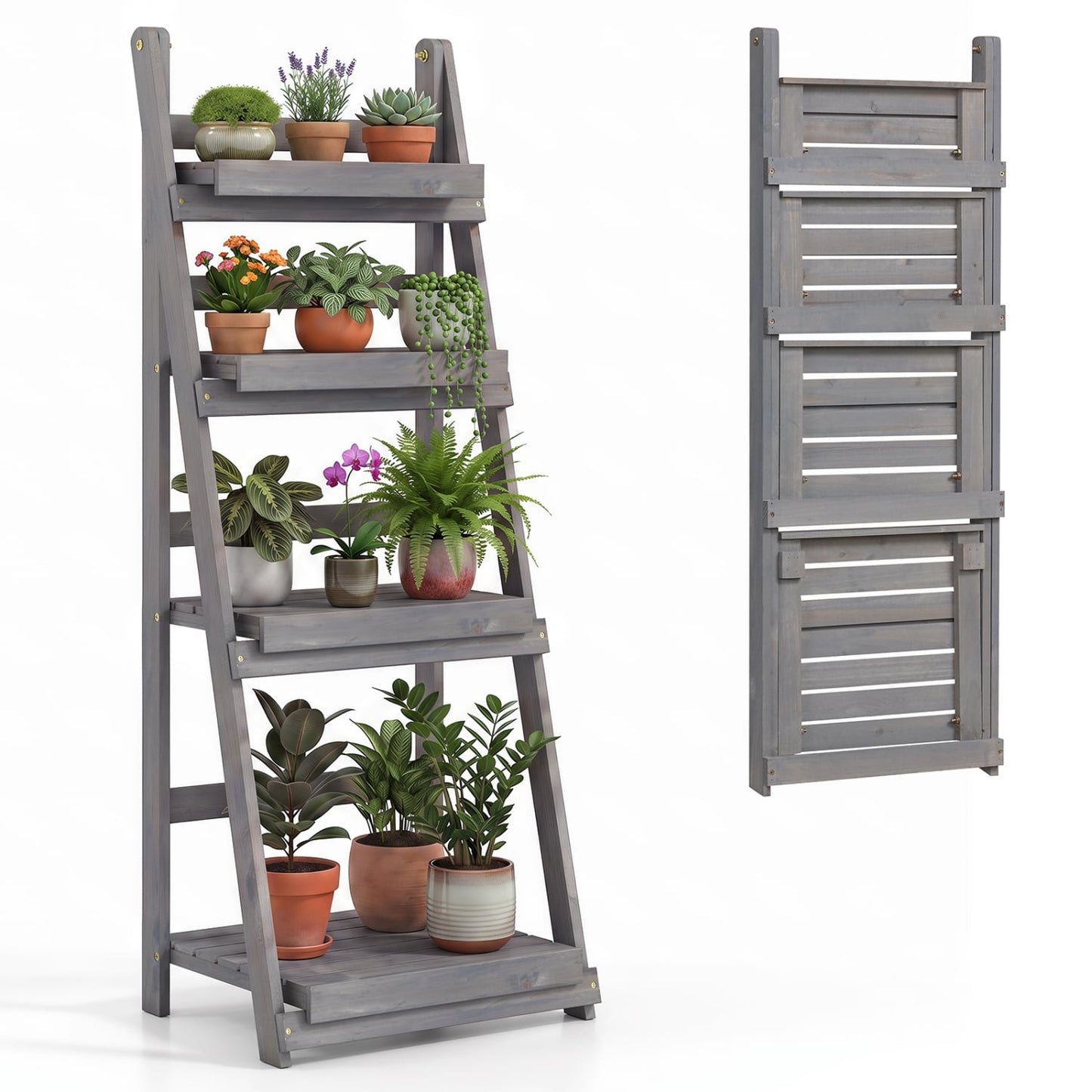 Support à plantes pliable à 4 niveaux, étagère de jardin, gris