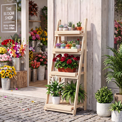 Support à plantes pliable à 4 niveaux, étagères à lattes de jardin, naturel