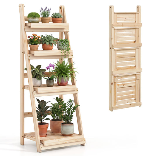 4-Tier Foldable Plant Stand, Garden Slatted Shelves, Natural Plant Stands Natural at Gallery Canada