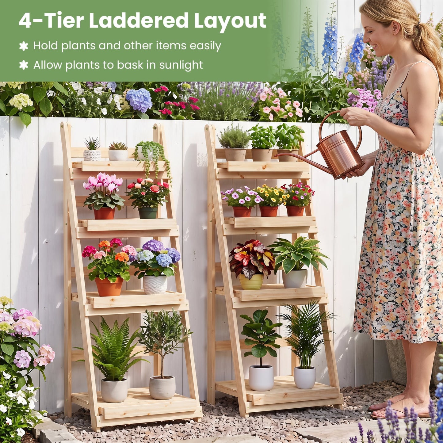 Support à plantes pliable à 4 niveaux, étagères à lattes de jardin, naturel