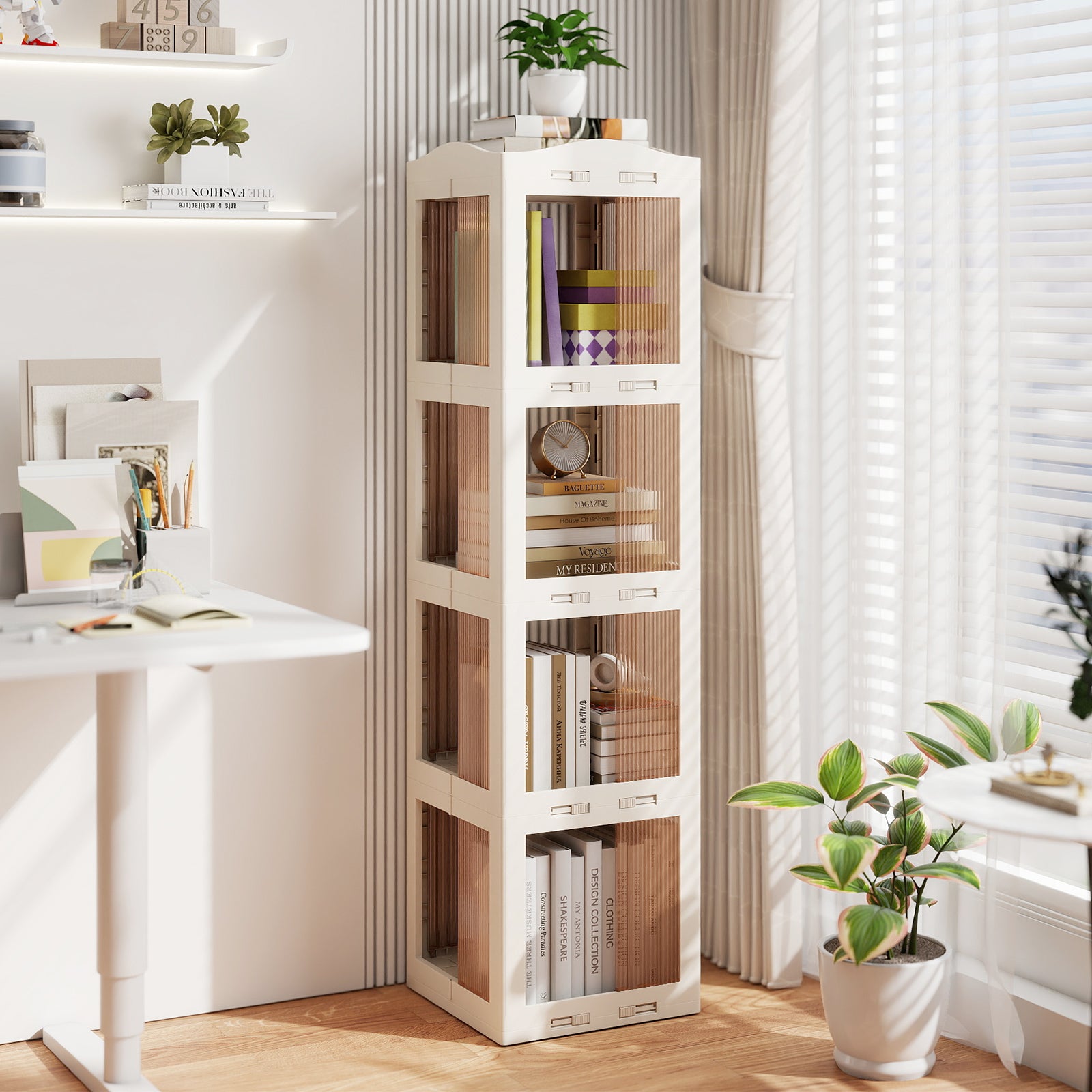 4-Tier Foldable Rotating Bookshelf with Swivel Base and Translucent Panels, White Bookcases at Gallery Canada