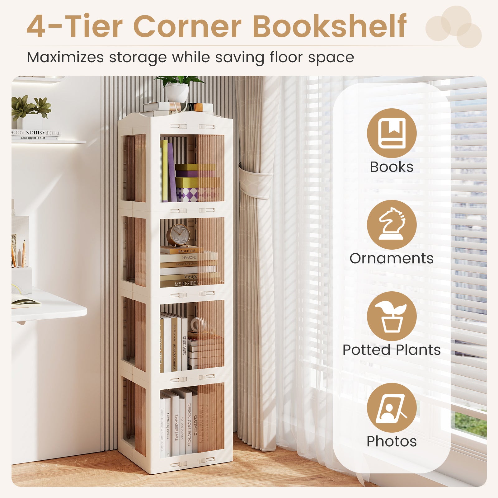 4-Tier Foldable Rotating Bookshelf with Swivel Base and Translucent Panels, White Bookcases at Gallery Canada