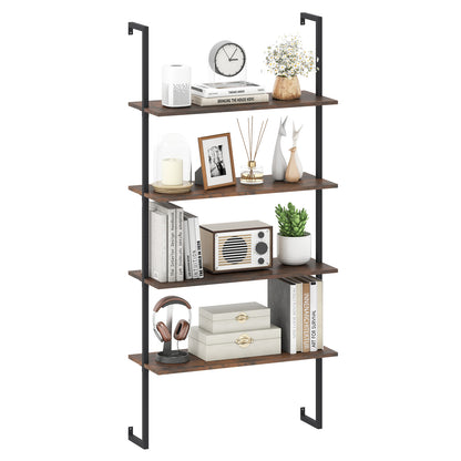 4-Tier Industrial Ladder Bookshelf, Metal Frame, Brown