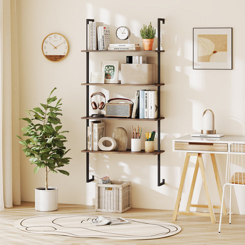 4-Tier Industrial Ladder Bookshelf, Metal Frame, Brown