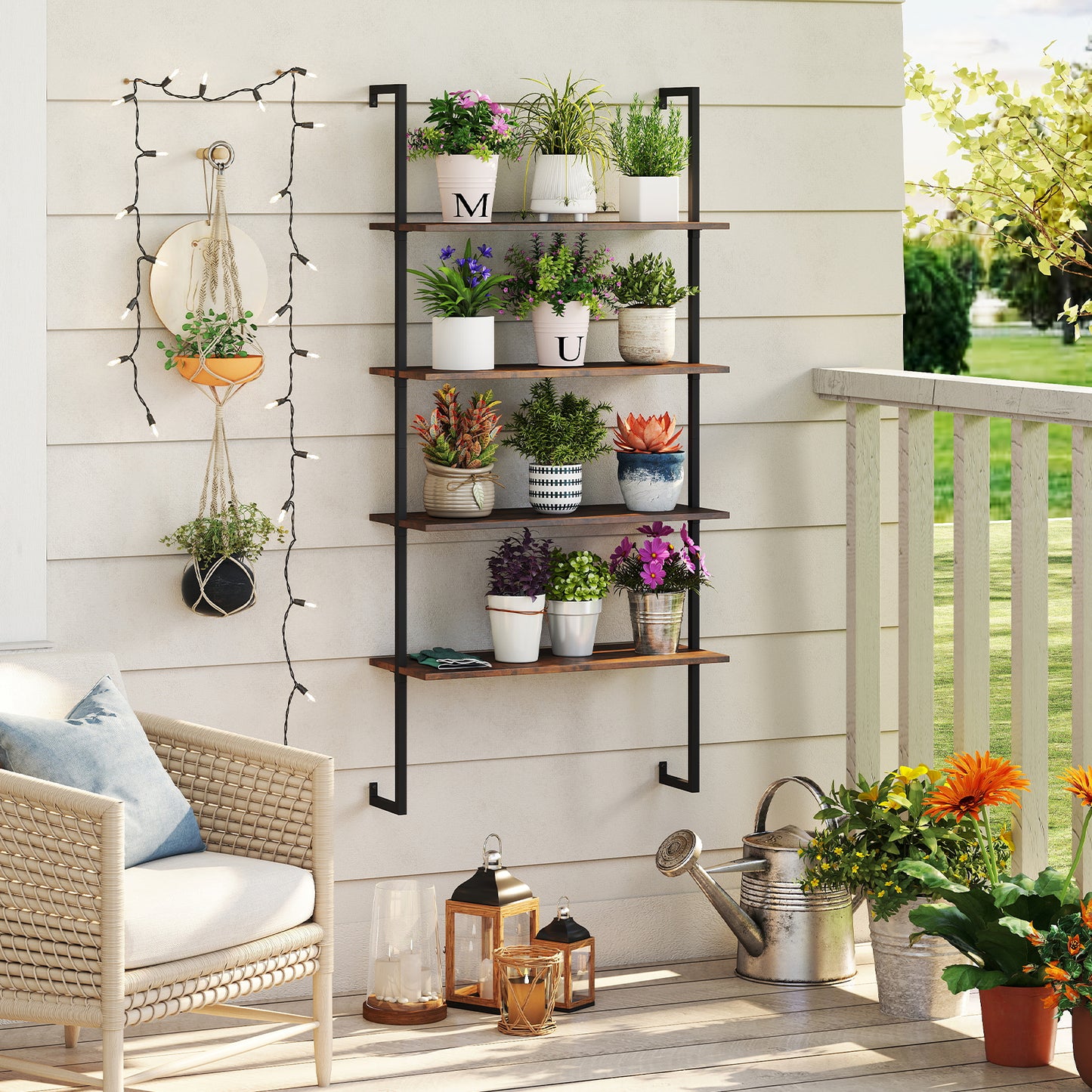 4-Tier Industrial Ladder Bookshelf, Metal Frame, Brown