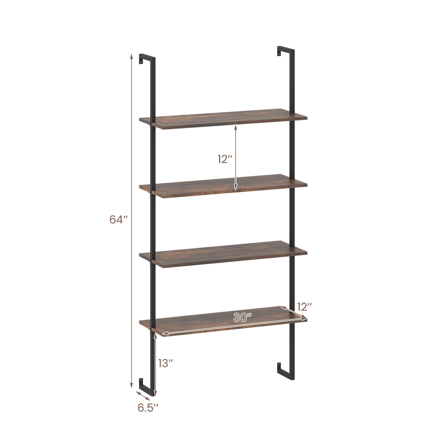 4-Tier Industrial Ladder Bookshelf, Metal Frame, Brown