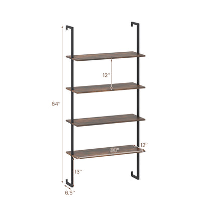 4-Tier Industrial Ladder Bookshelf, Metal Frame, Brown