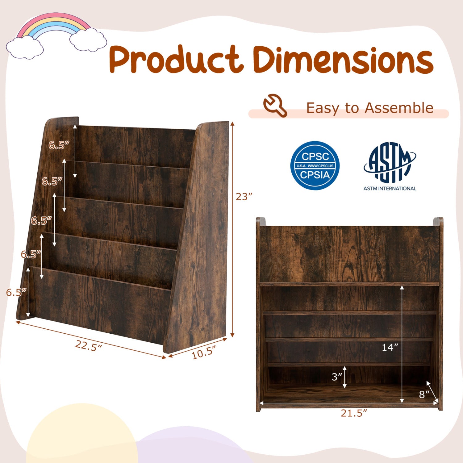 4-Tier Kids Bookshelf, Deep Compartments, Rustic Brown Kids Storage at Gallery Canada