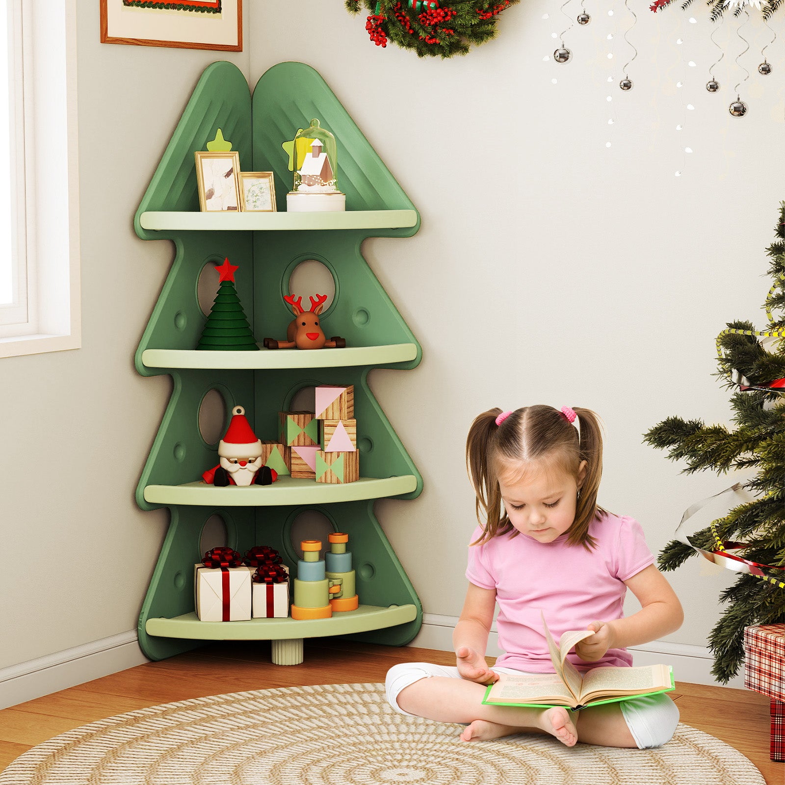 4-Tier Kids Corner Bookshelf Baby Display Shelf for Kids Room, Green Kids Storage at Gallery Canada
