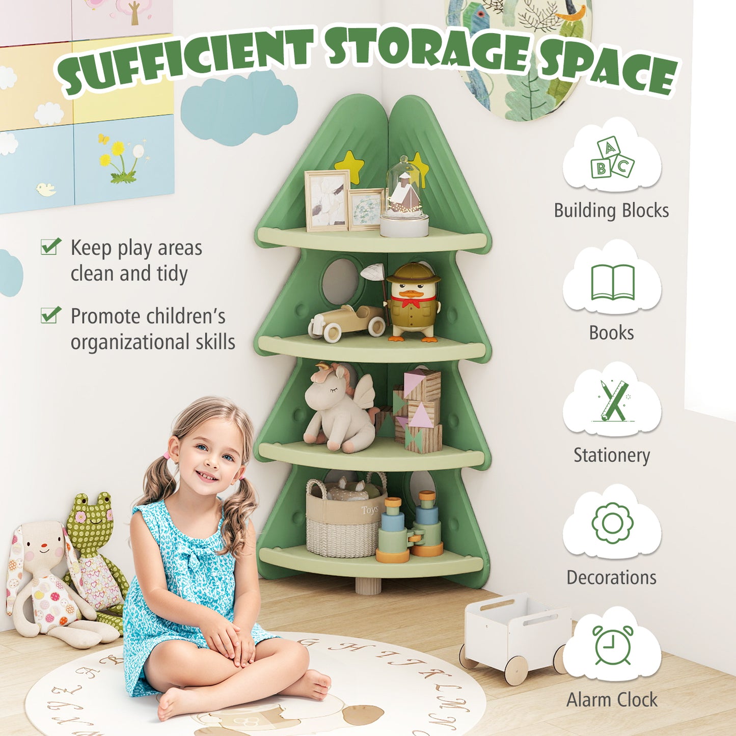 4-Tier Kids Corner Bookshelf Baby Display Shelf for Kids Room, Green Kids Storage at Gallery Canada