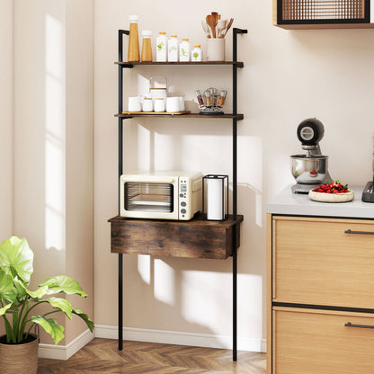4-Tier Ladder Bookshelf With Drawer, Metal Frame, Rustic Brown