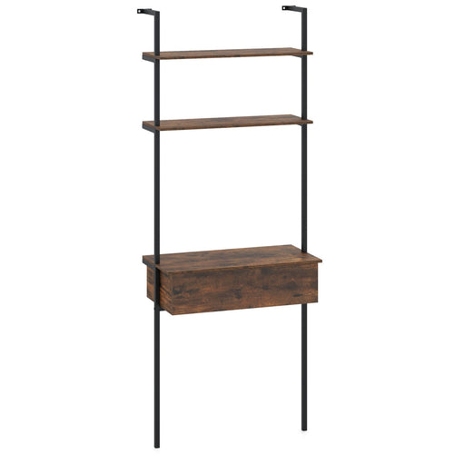 4-Tier Ladder Bookshelf With Drawer, Metal Frame, Rustic Brown