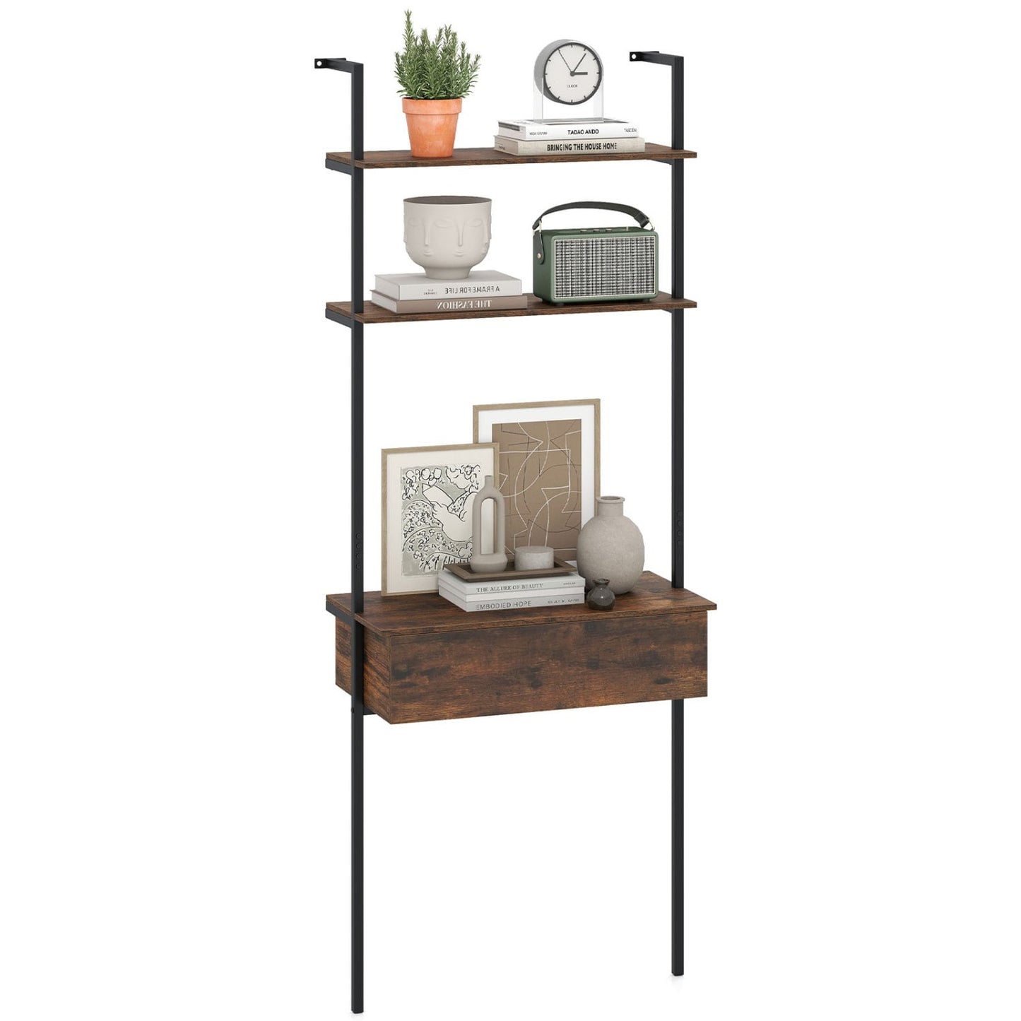 4-Tier Ladder Bookshelf With Drawer, Metal Frame, Rustic Brown