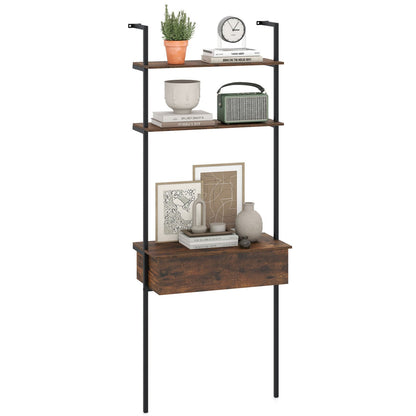 4-Tier Ladder Bookshelf With Drawer, Metal Frame, Rustic Brown